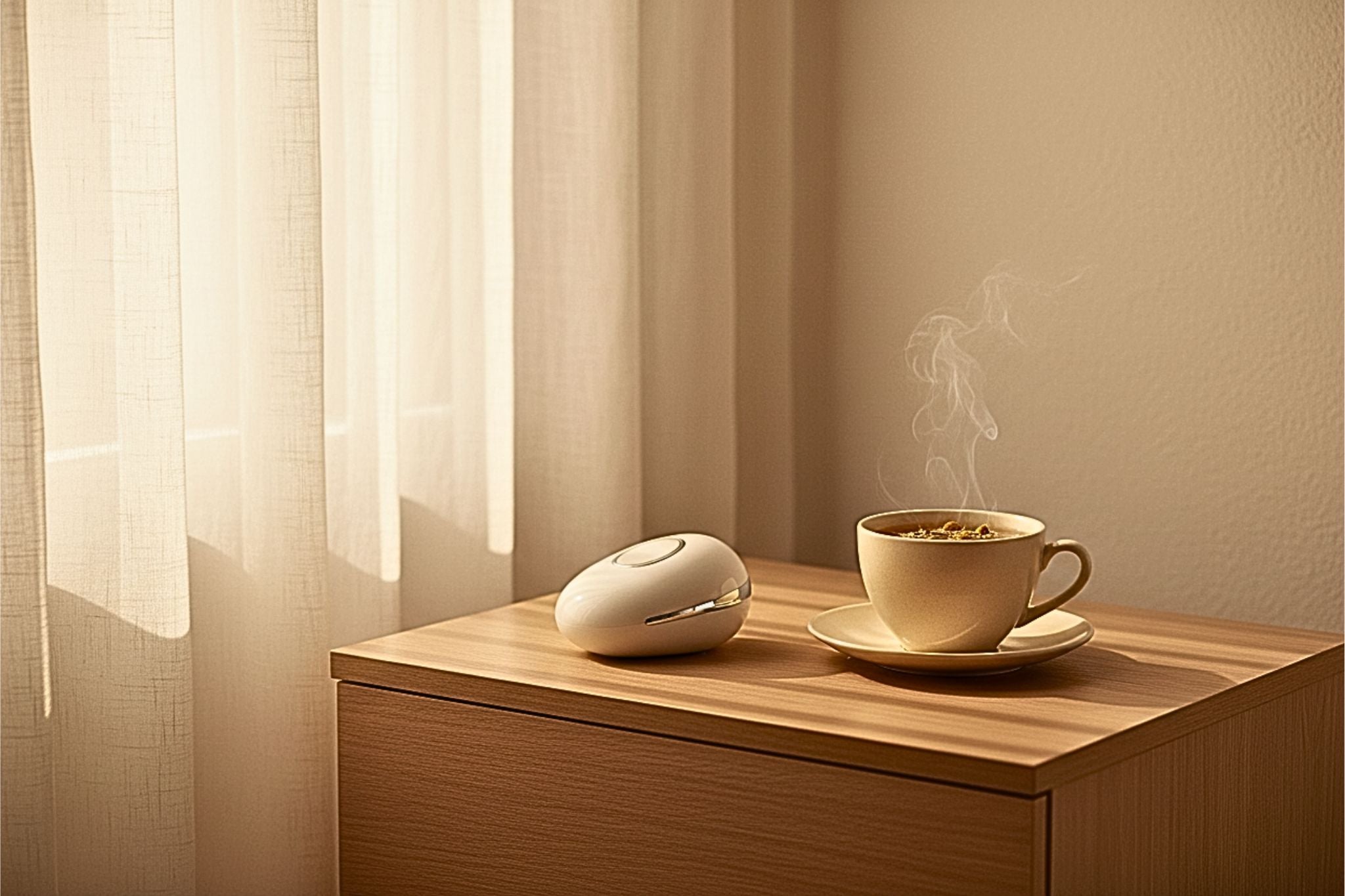 Gentle prostate health devices for post-surgery recovery resting on a peaceful nightstand.