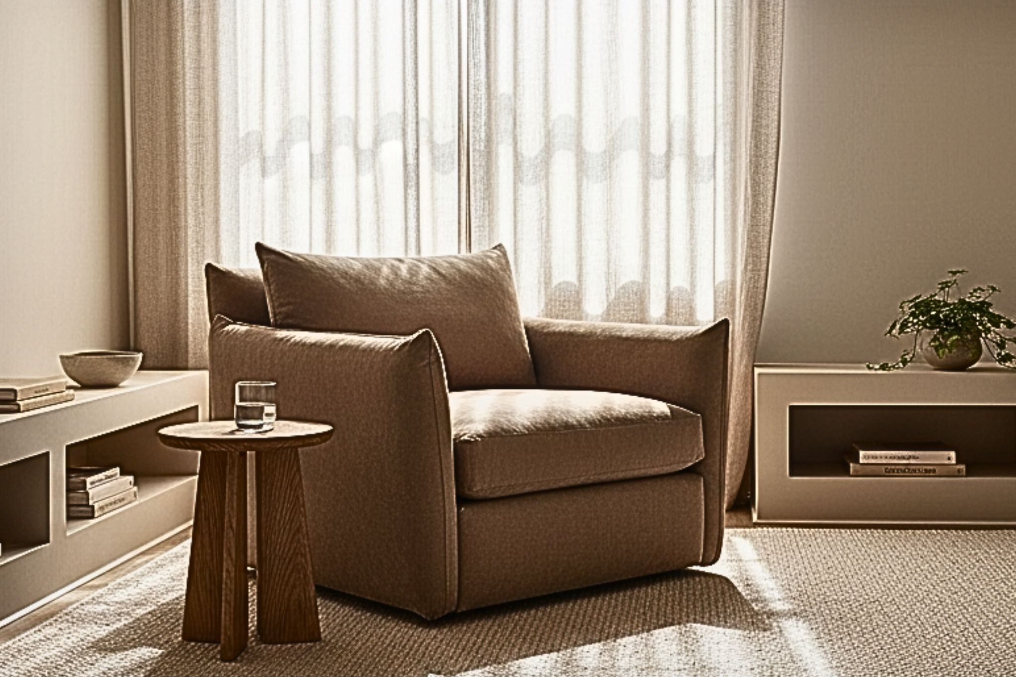 A calm, minimalist sanctuary space for cancer self-advocacy and treatment planning, featuring soft light and neutral tones.