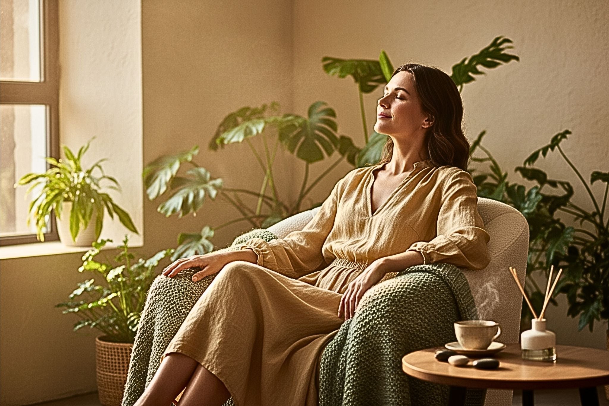 Queen bee phenomenon recovery: A calm woman resting in a warm, peaceful sanctuary room.