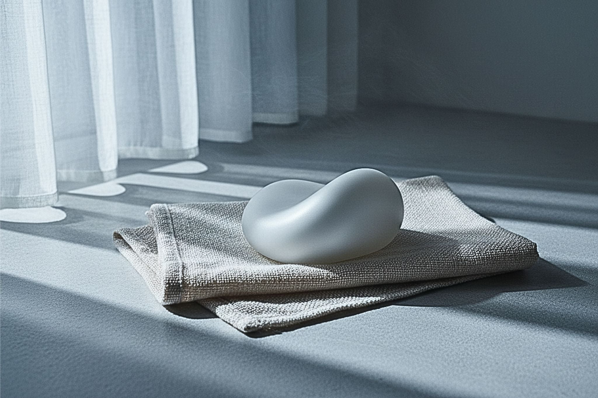 Inclusive prostate wellness tool and medical-grade recovery device on soft linen in a moonlit room.