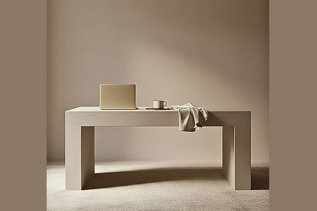 Menopause workplace wellness concept with a calm desk setting and warm lighting.