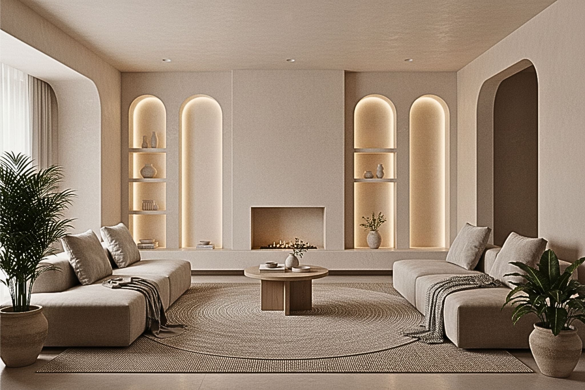 Sensory-friendly living room with warm light and soft textures for a calm, neuro-inclusive home.