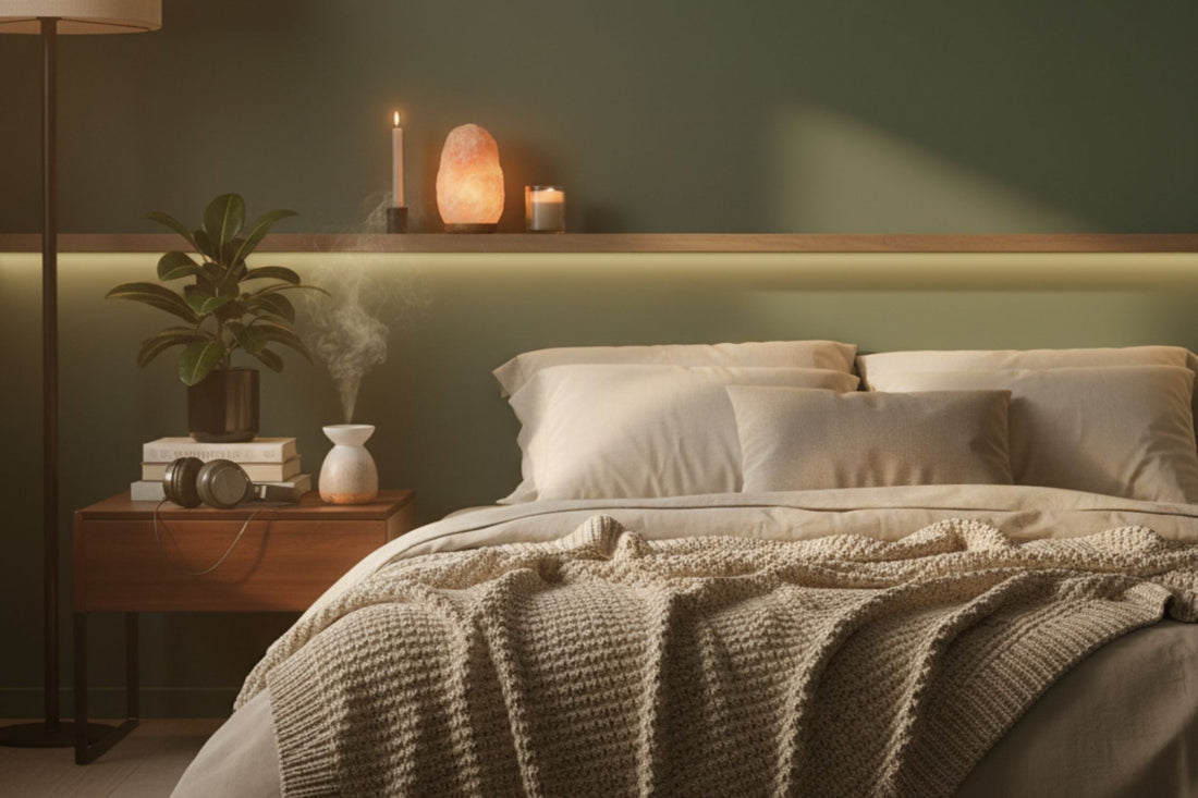 Brown noise headphones in a calming bedroom sanctuary for sensory decompression.
