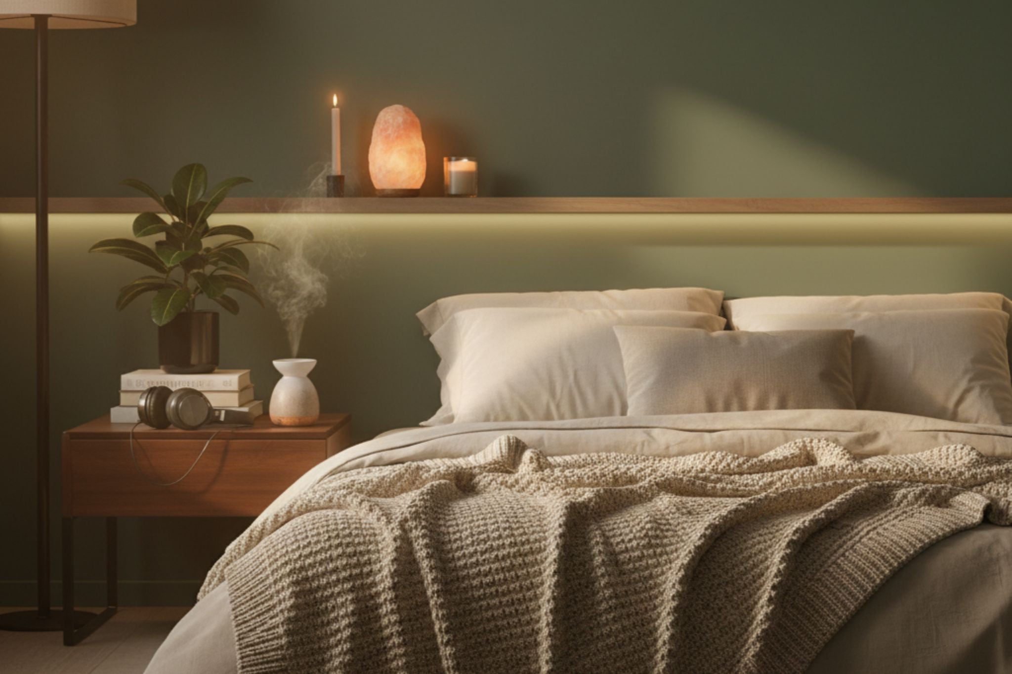 Brown noise headphones in a calming bedroom sanctuary for sensory decompression.