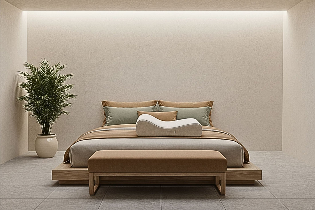 Cervical spine support and postural alignment tools shown in a calming, inclusive wellness room.