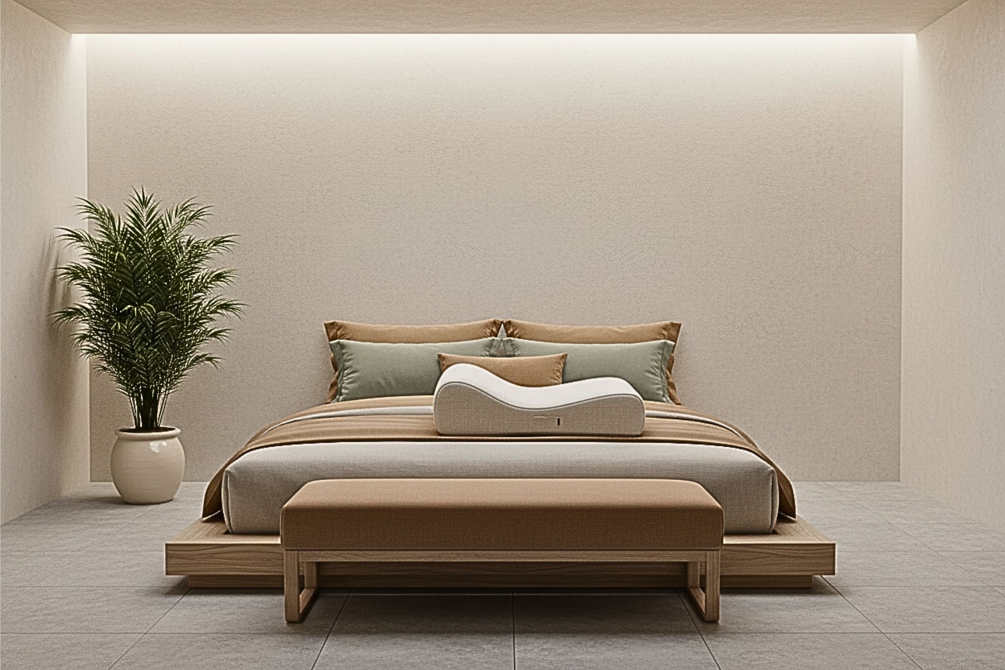 Cervical spine support and postural alignment tools shown in a calming, inclusive wellness room.