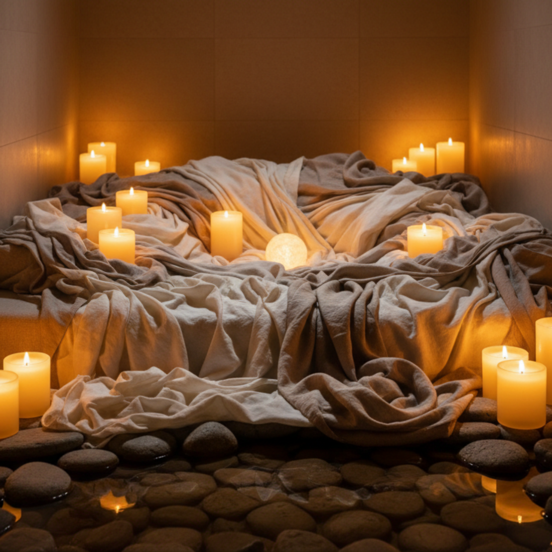 Somatic healing and breast sensitivity support abstract with soft neutral draped fabrics.