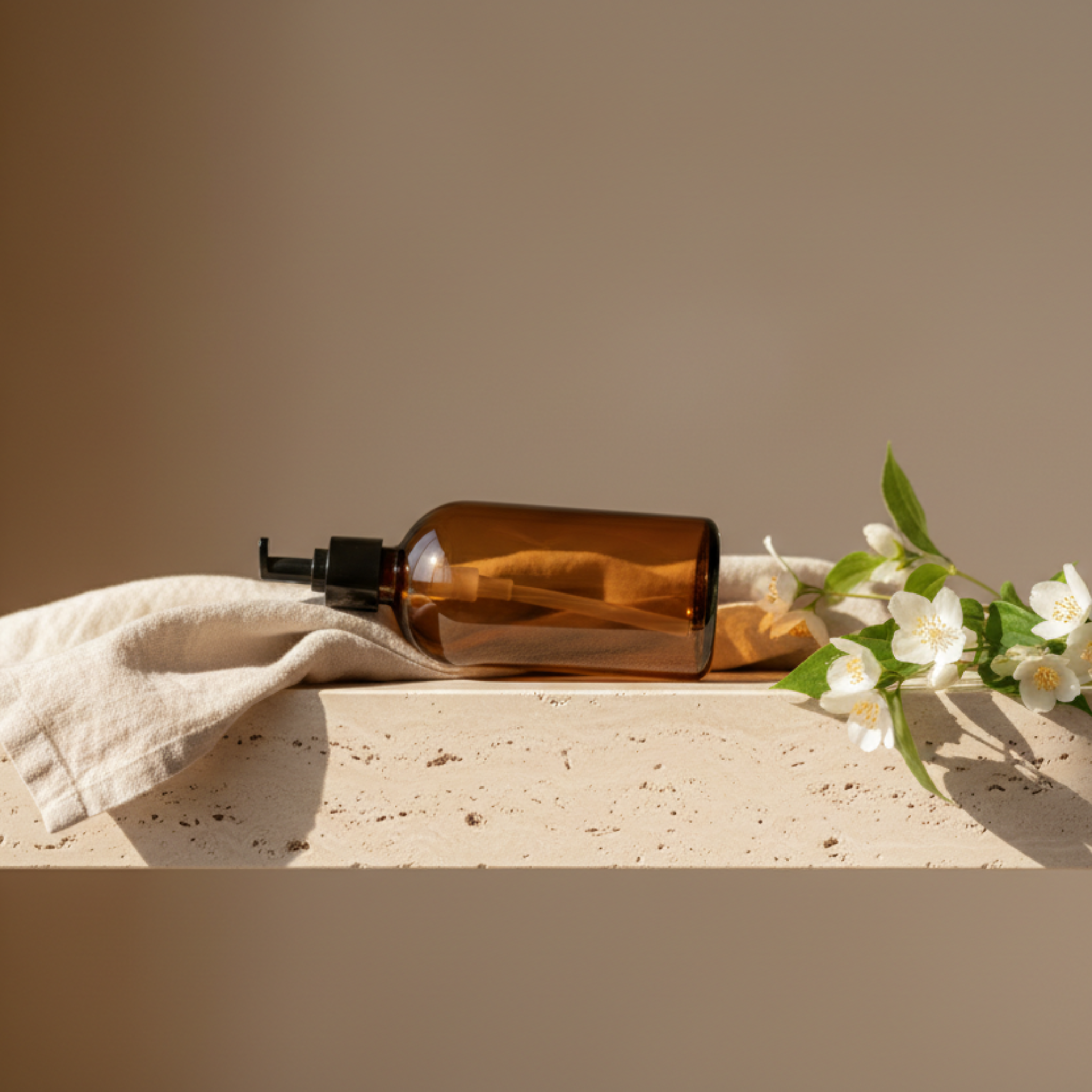 Silicone lube dispenser bottle on travertine stone tile for medical grade formulas.