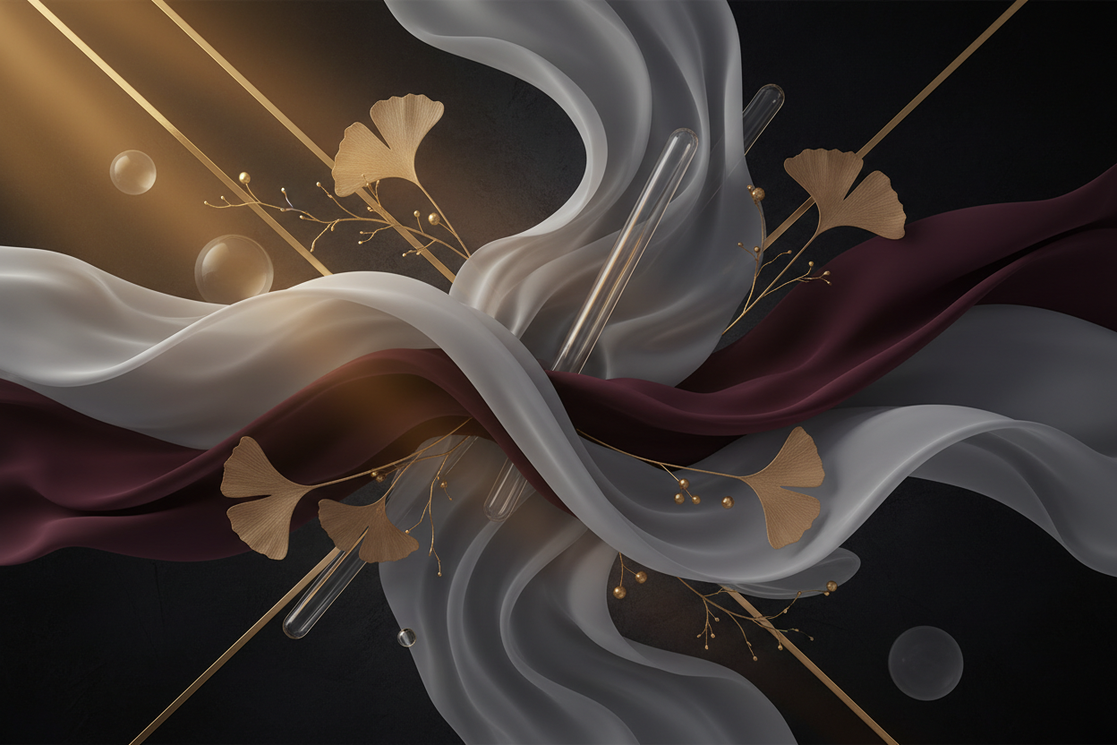 Rays of sunlight casting down as a representation of adaptive wellness. Free flowing white and burgundy sheets representing rebuilding connection. Gold accents and bubbles spraying out representing quality of life.