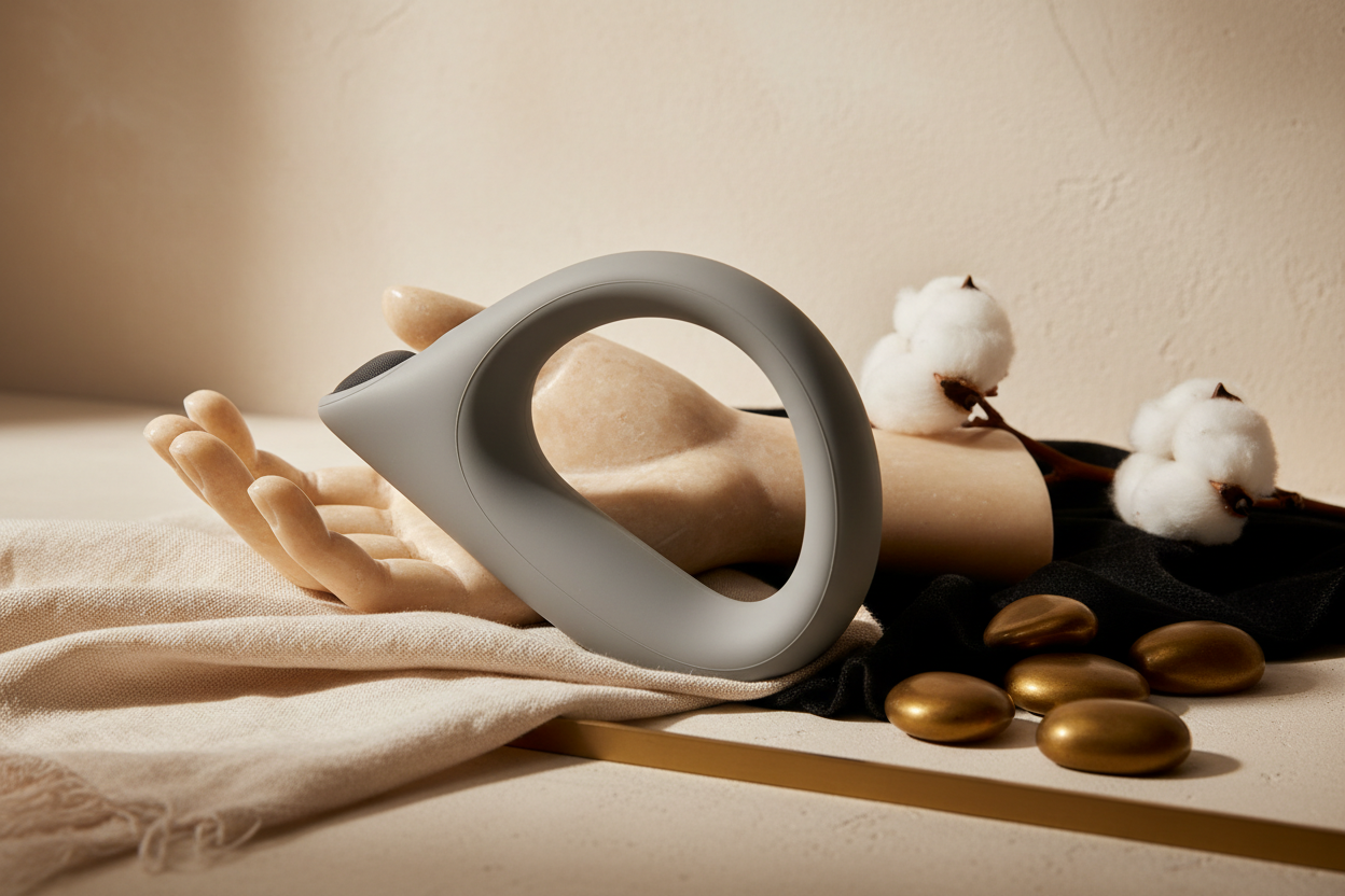 A grey easy-grip massager on a stone hand, highlighting adaptive intimacy and limited mobility wellness.