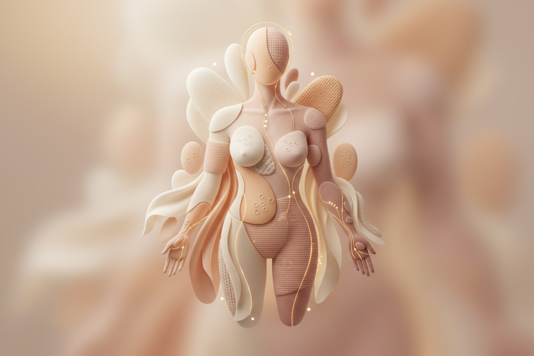 A comforting, abstract visual representing body mapping post cancer, featuring soft textures and warm lighting to encourage a safe space for sensory exploration.