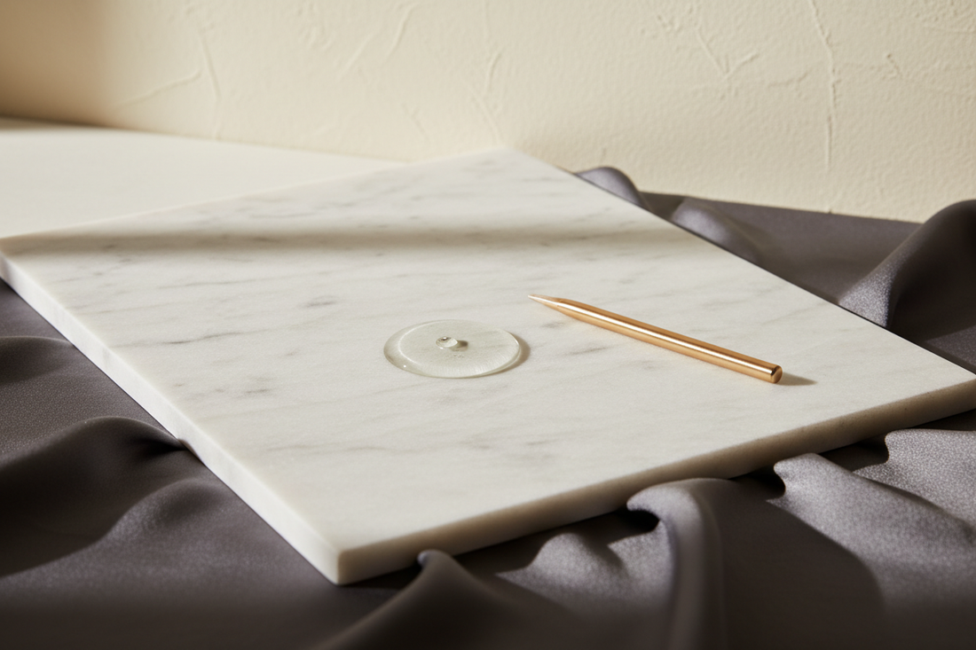 Crystal-clear dimethicone moisture barrier on white marble with brushed gold applicator wand for pelvic wellness.