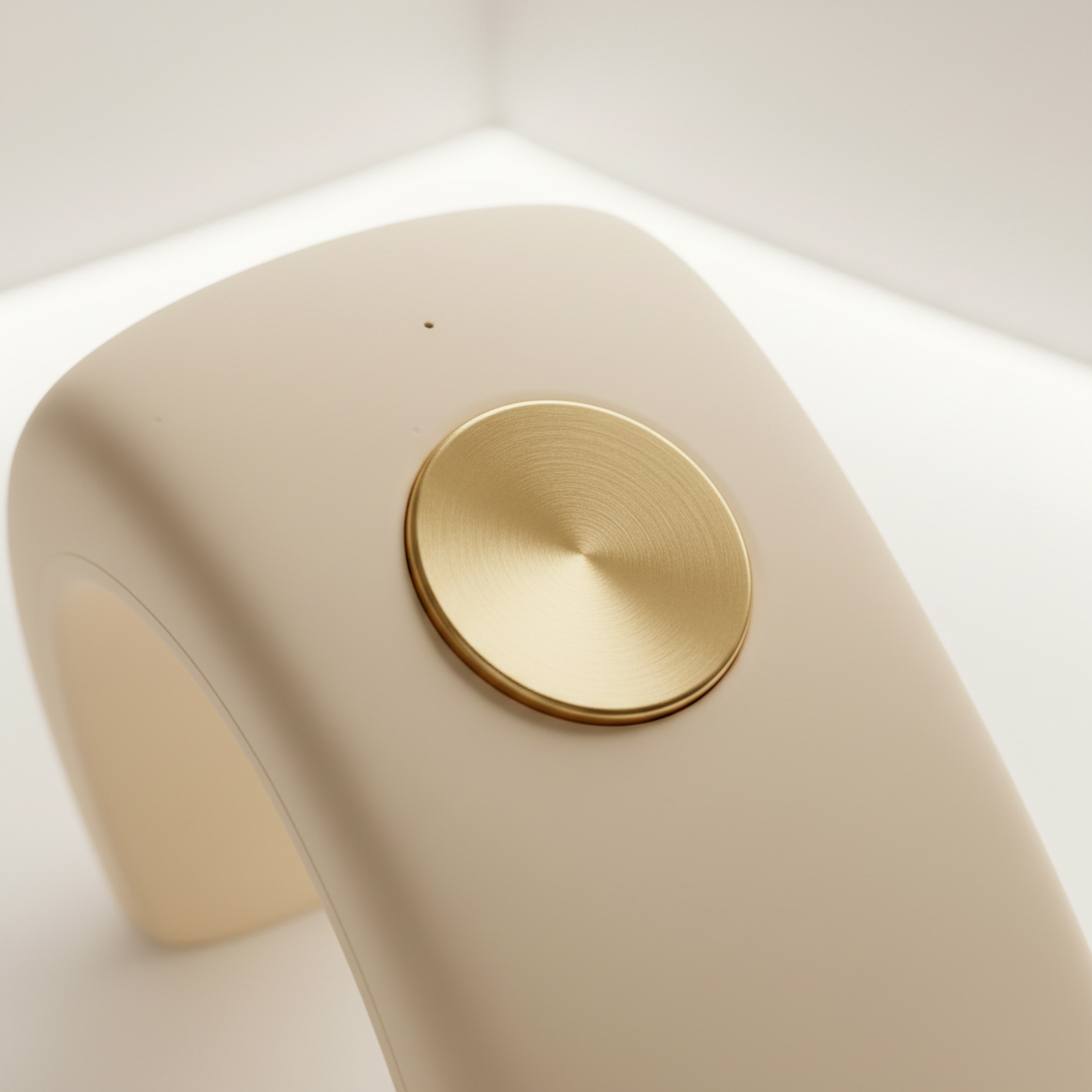 Close-up of a luxurious, cream-colored adaptive intimacy tech device featuring an ergonomic design and a large, easy-to-press gold button for low grip strength.