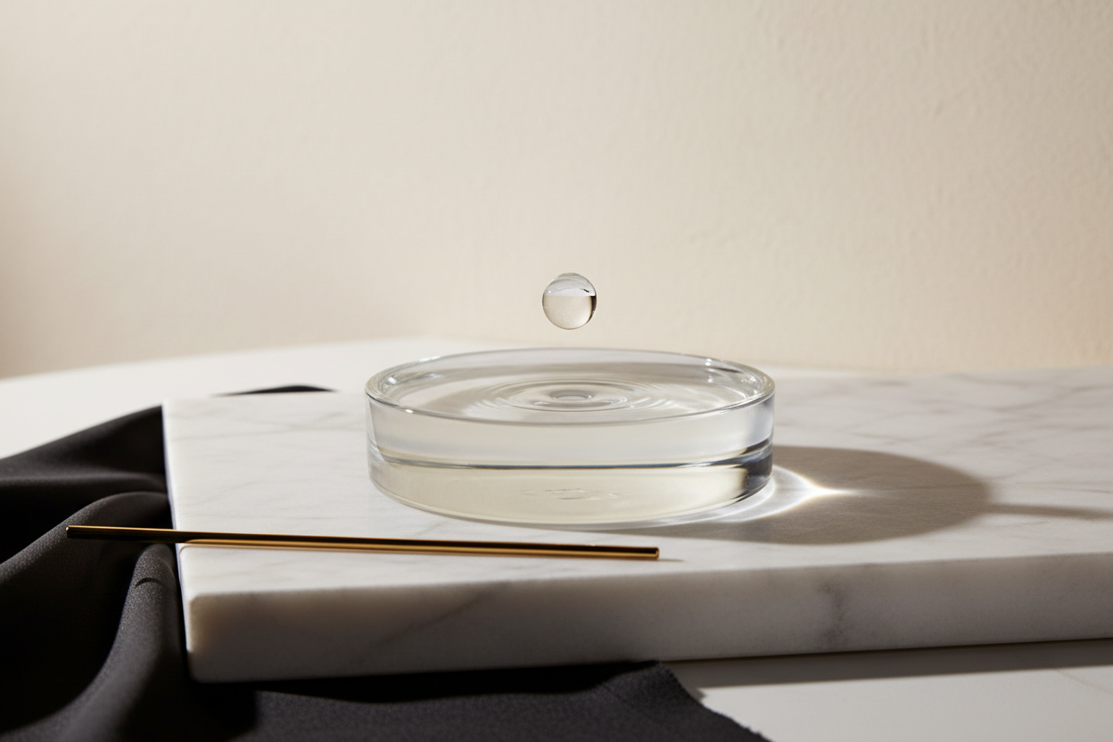 Clinical still-life of a water droplet on marble representing iso-osmolar tissue hydration and safe pelvic floor dysfunction wellness.