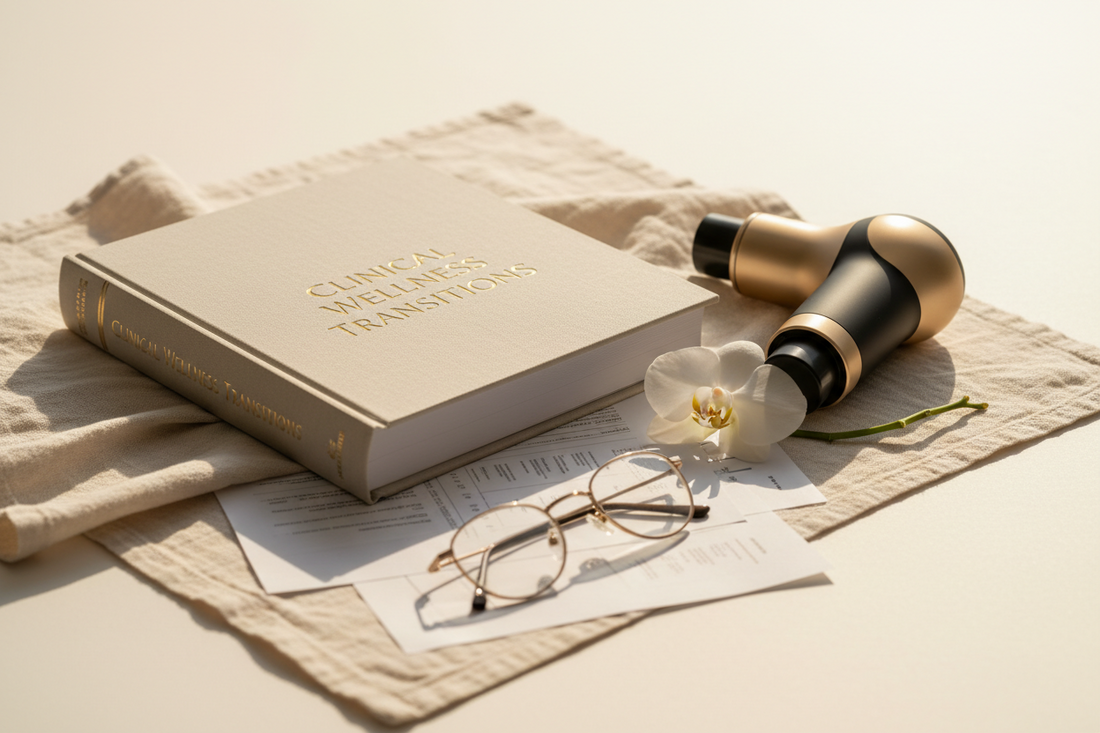 A warm, editorial flat-lay showing a "Clinical Wellness Transitions" textbook, reading glasses, a white orchid, and a sleek gold and black adaptive wellness massager, representing functional intimacy support for mature adults.