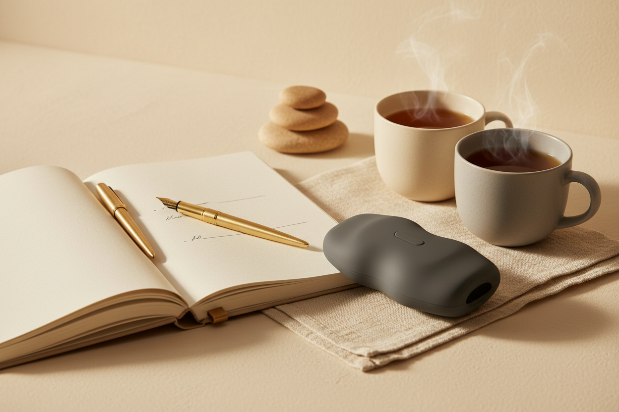 A warm editorial scene representing cognitive support and open communication, showing an open journal, two mugs of tea, river stones, and a modern, adaptive wellness massager in soft natural light.