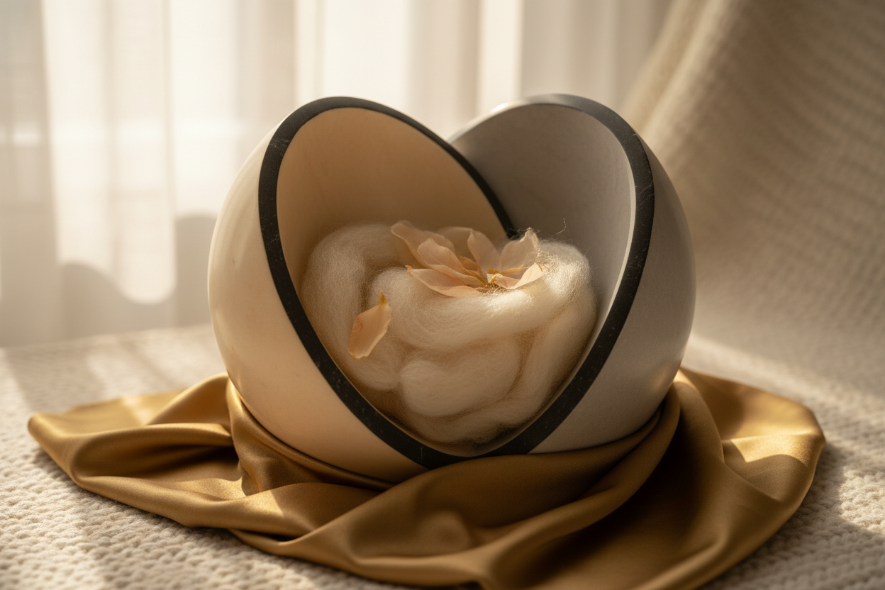 An abstract editorial scene representing gentle pelvic floor wellness for postpartum recovery, featuring smooth interlocking marble, soft wool, and draped gold silk.