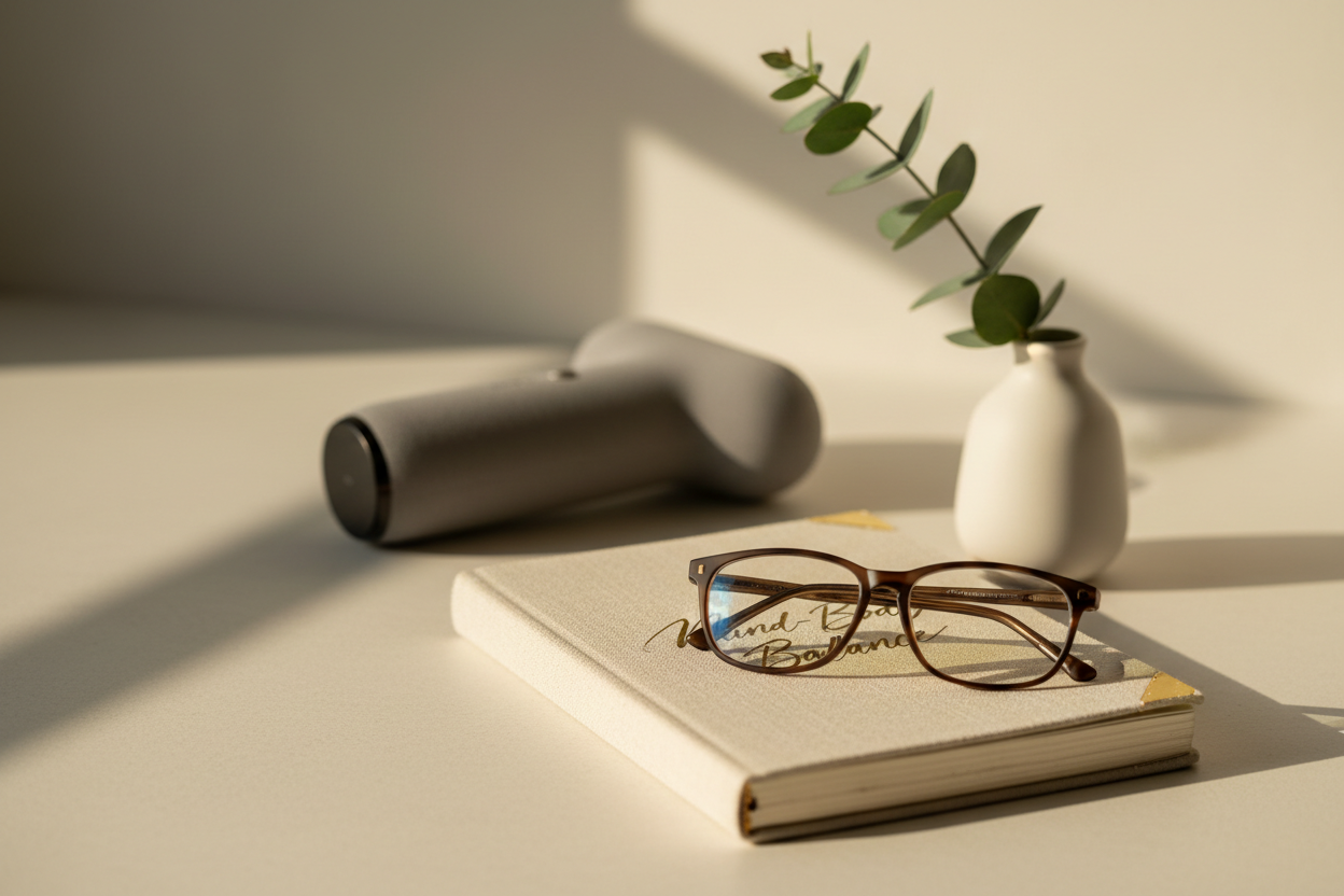A calming editorial scene representing holistic sexual well-being, showing a "Mind-Body Balance" journal, reading glasses, fresh eucalyptus, and a modern, adaptive wellness massager in soft natural light.
