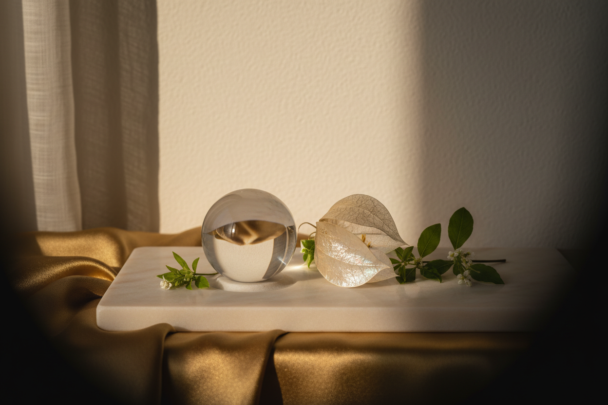 A sophisticated scene featuring a matte grey, easy-grip wellness device supported by a marble hand sculpture. Styled with raw cotton bolls, golden river stones, and black fabric on cream linen to highlight adaptive intimacy for limited mobility wellness.