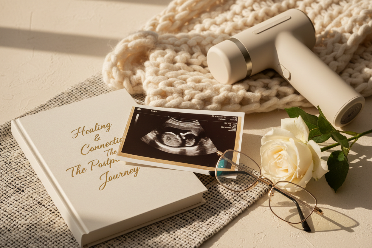 A serene editorial scene representing perinatal intimacy support, showing a sonogram print, a postpartum healing journal, reading glasses, a white rose, and a modern, adaptive recovery massager in soft natural light.