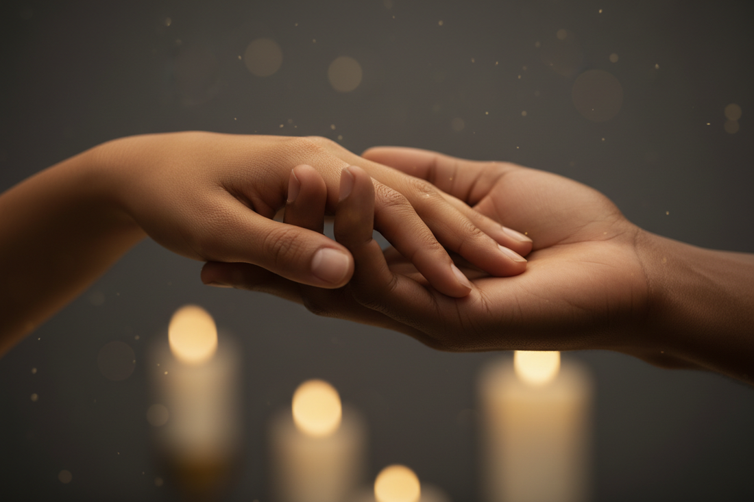Inclusive intimate wellness and connection through gentle touch, featuring diverse hands over warm candlelight in a luxury setting.