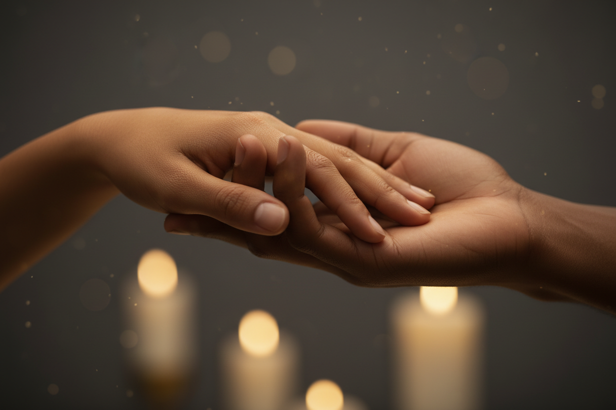 Inclusive intimate wellness and connection through gentle touch, featuring diverse hands over warm candlelight in a luxury setting.