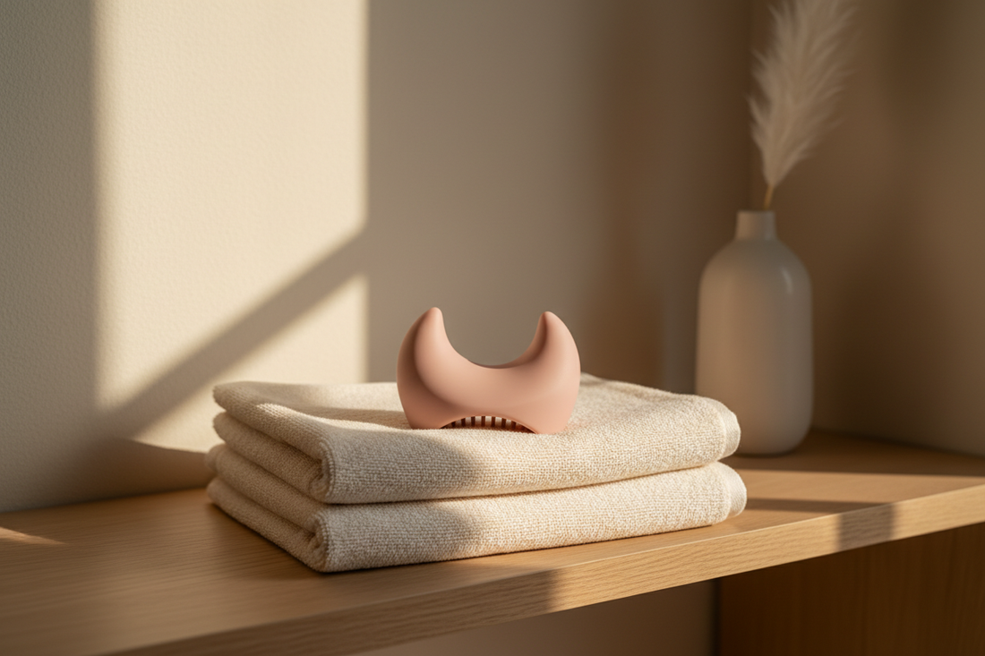 Universal design recovery tools resting on a soft towel for adaptive physical support.