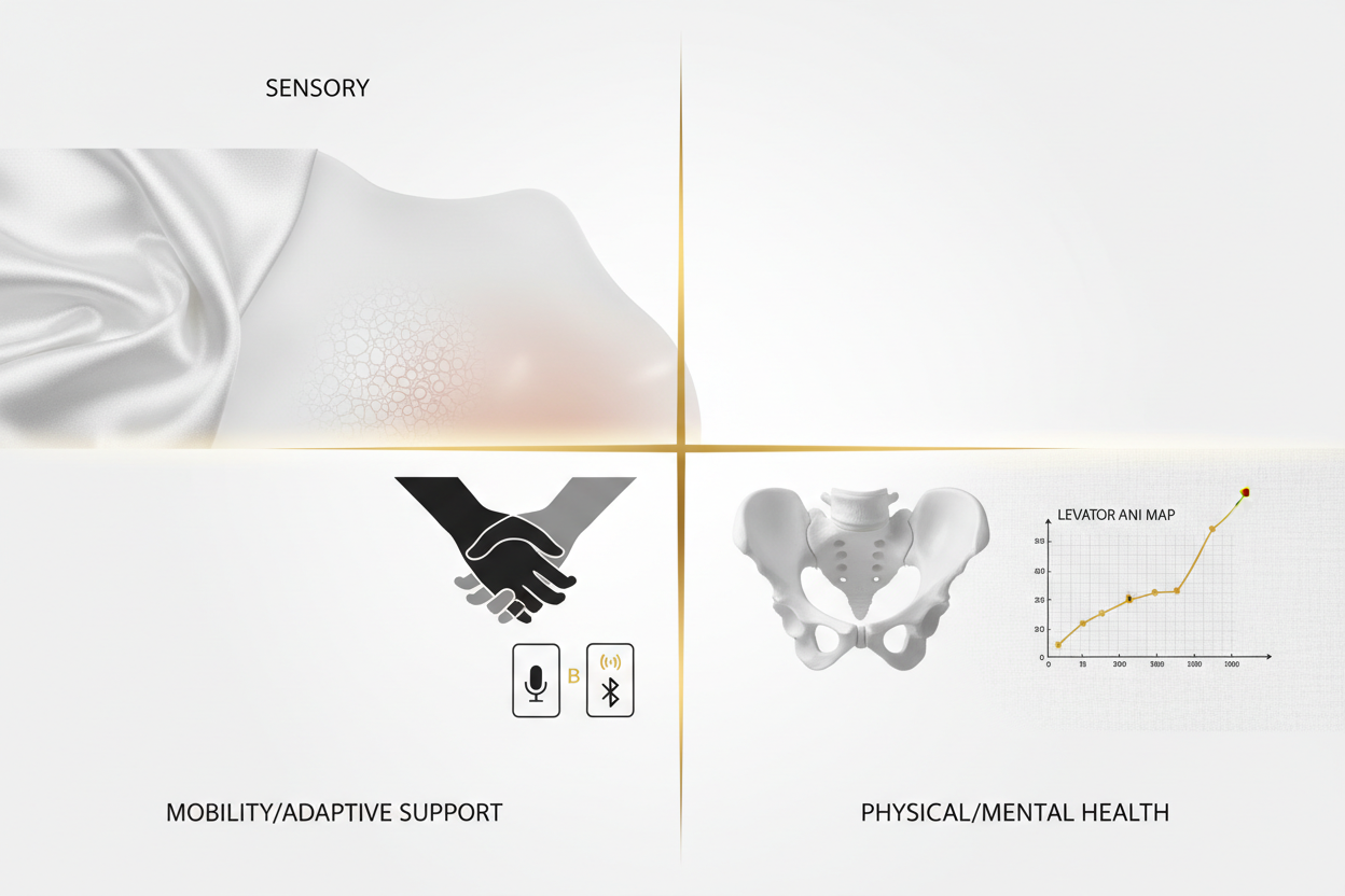 A luxury guide showing three areas: Sensory care, Easy-to-use tools for mobility, and Physical health graphs with gold lines.