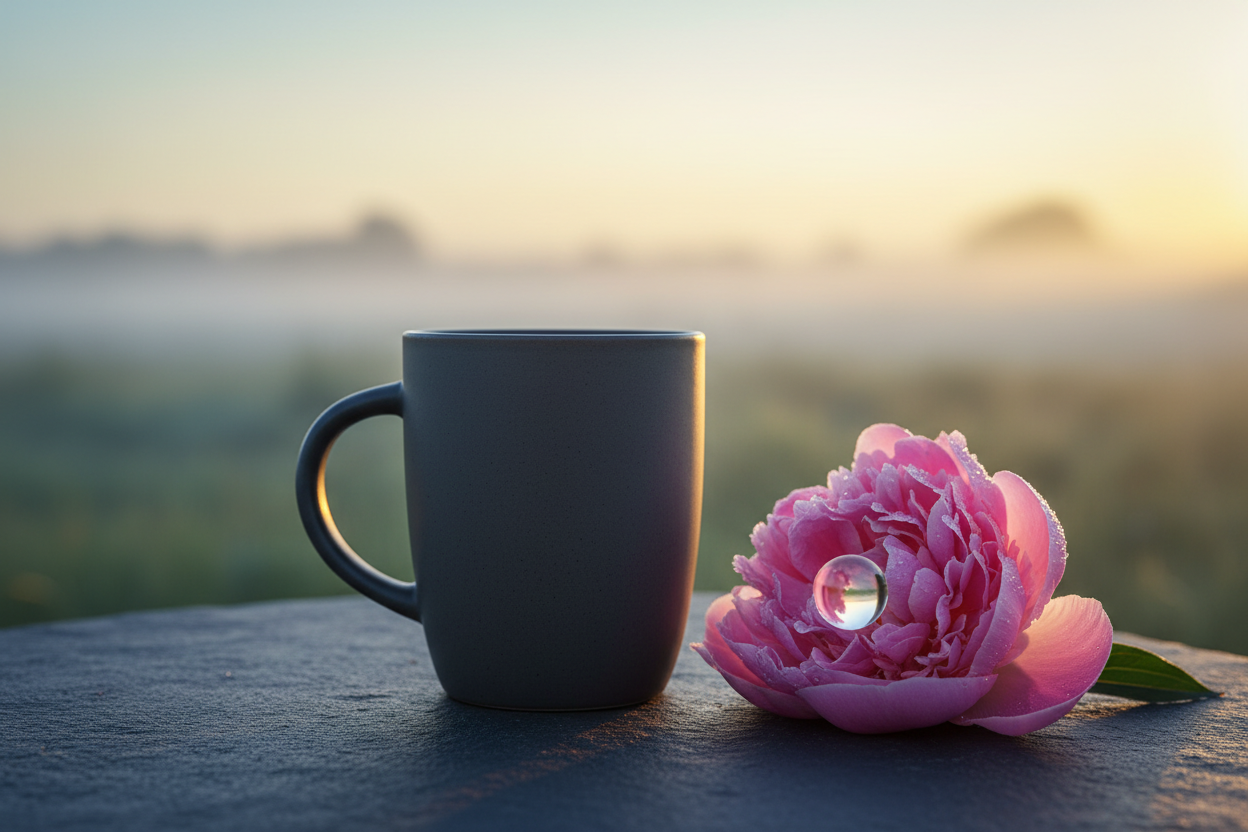 A minimalist dark gray coffee cup on a cream surface, representing a slow morning and the foundation of a holistic wellness routine.