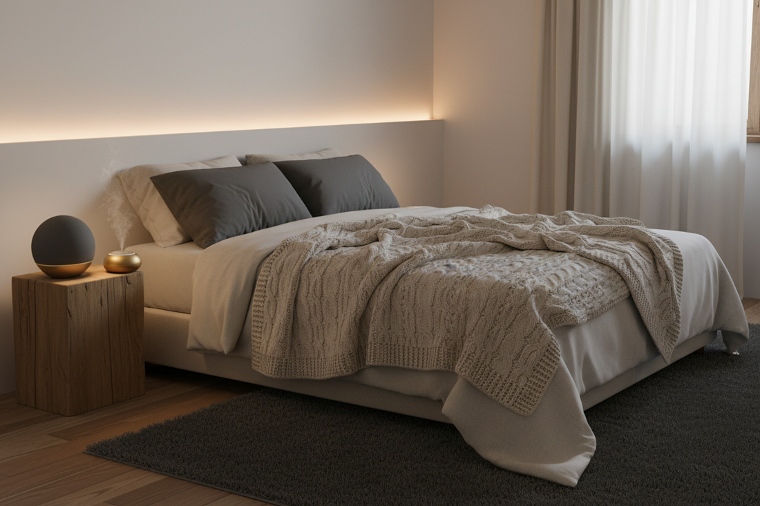 Sensory inputs for an emotional reset using calming tools in a quiet, softly lit bedroom.