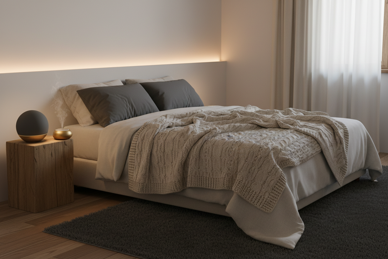 Sensory inputs for an emotional reset using calming tools in a quiet, softly lit bedroom.