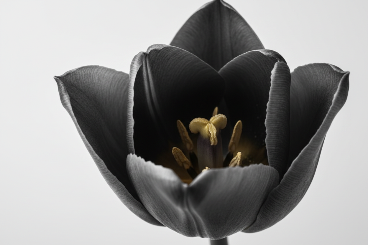 A symbolic macro study of a dark gray tulip with a gold core, representing inclusive intimate wellness and the foundations of anatomical choice.