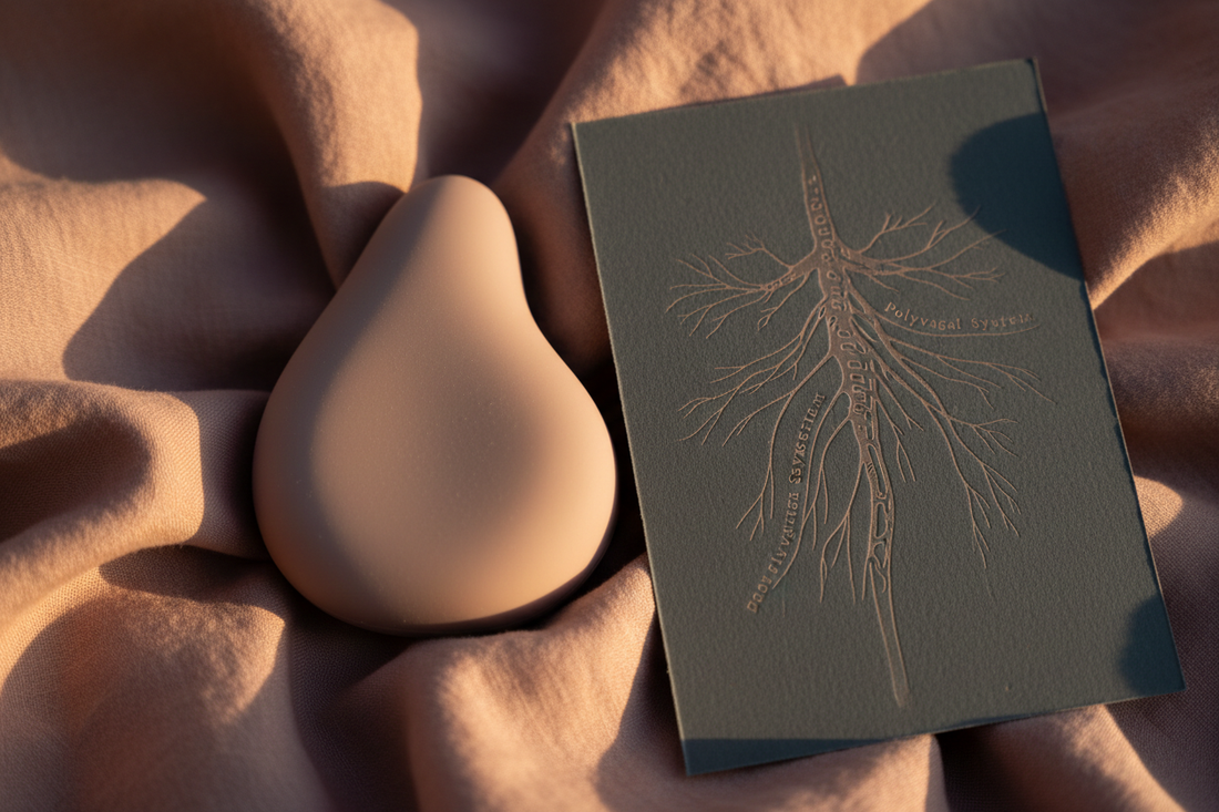 Luxury flat lay of a weighted platinum-cured silicone tool on dusty rose linen with a polyvagal nervous system diagram.