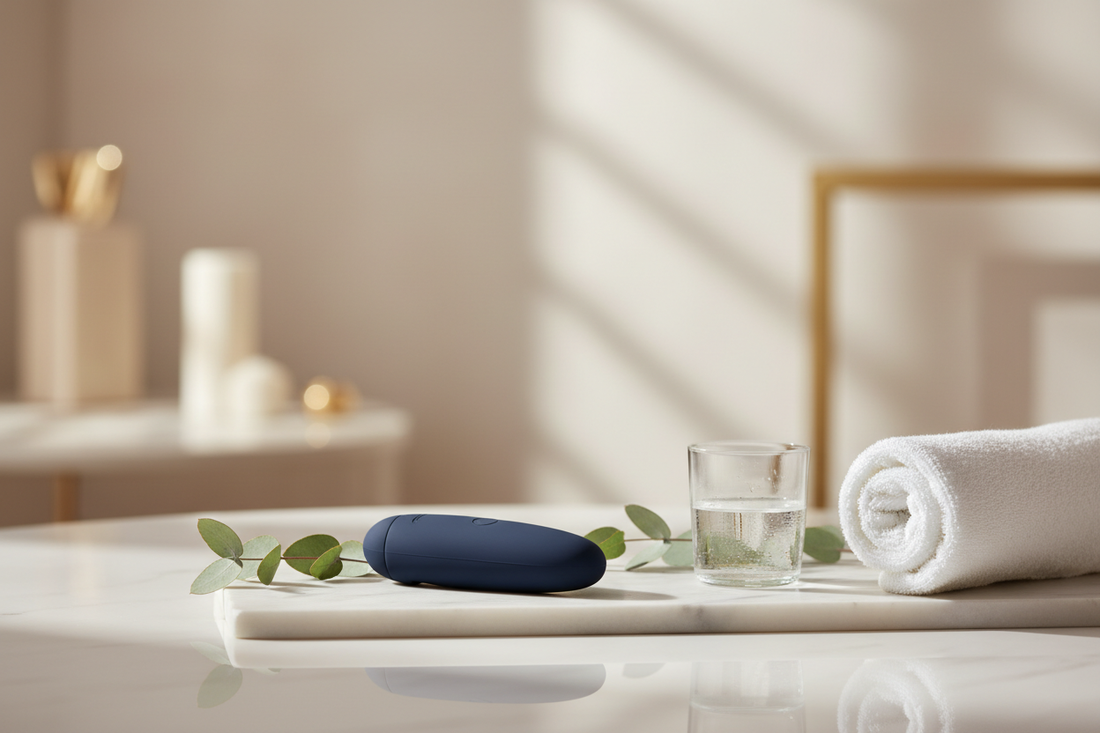 Premium prostate wellness tools arranged in a spa-inspired flat lay, representing adaptive male intimate wellness for beginners.