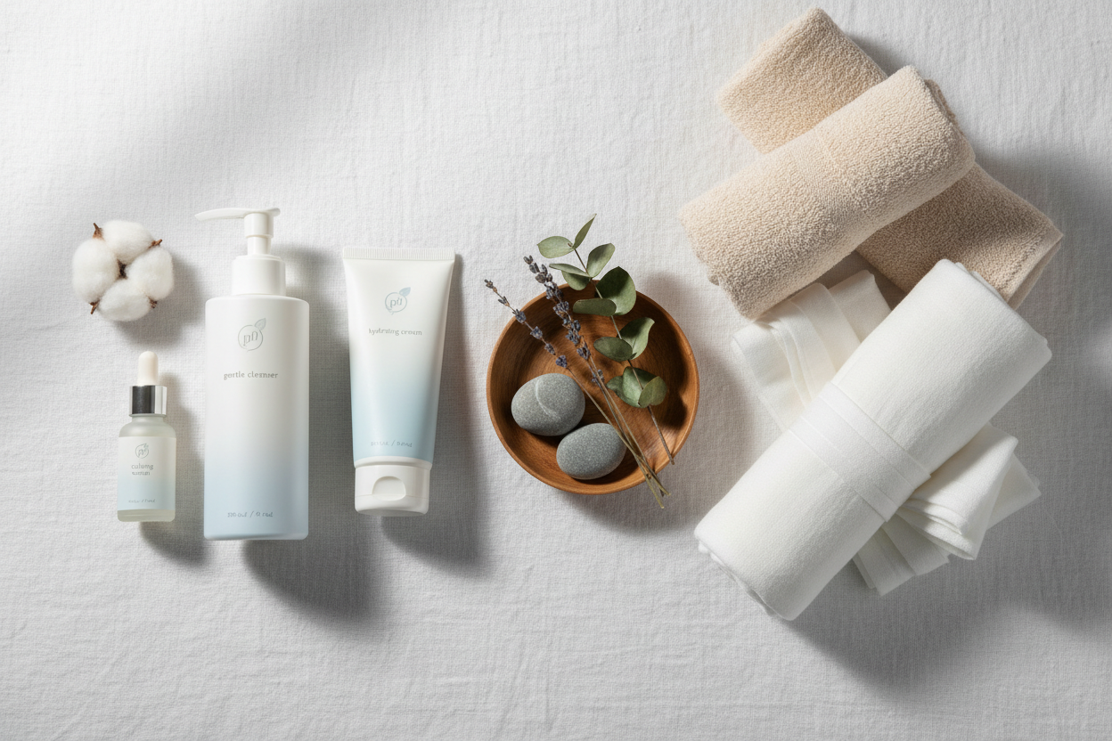 A clinical yet warm flat-lay showing pH-balanced care products and soft cotton fabrics for a sensory-friendly wellness experience.