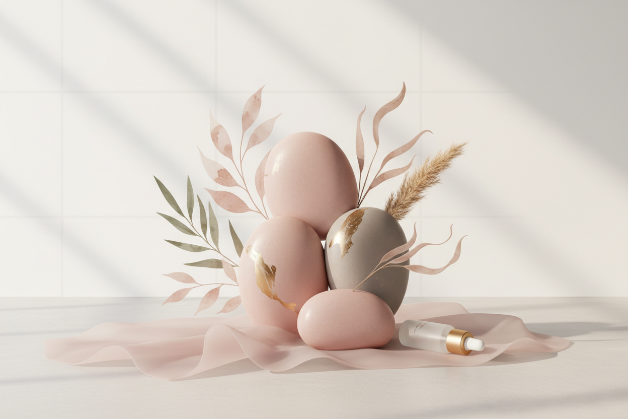 Minimalist luxury wellness tools in dusty rose and cream on soft fabric with dried botanicals.