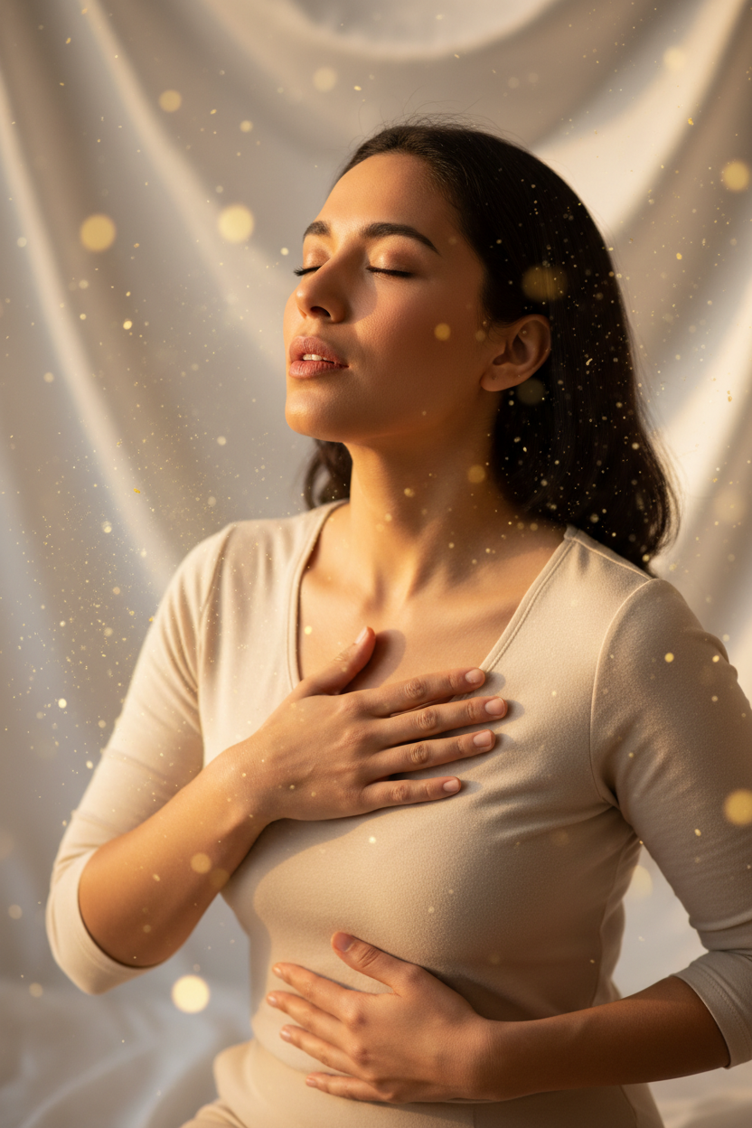 A serene woman practices deep diaphragmatic breathing to support nervous system calm.
