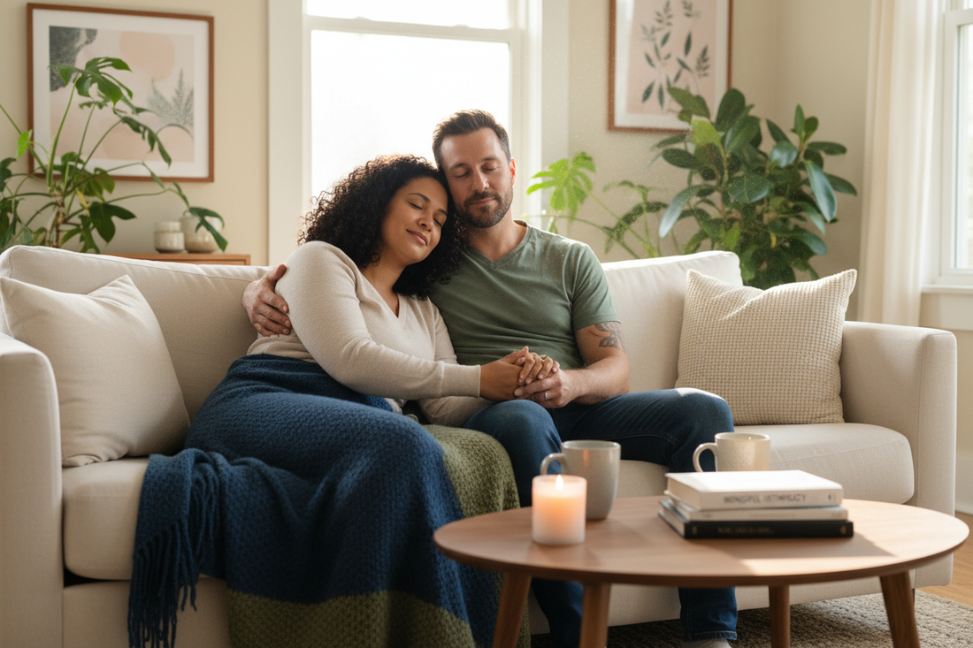  A relaxed couple sitting closely together on a sofa, representing mindful practices for healthy intimacy and emotional connection.