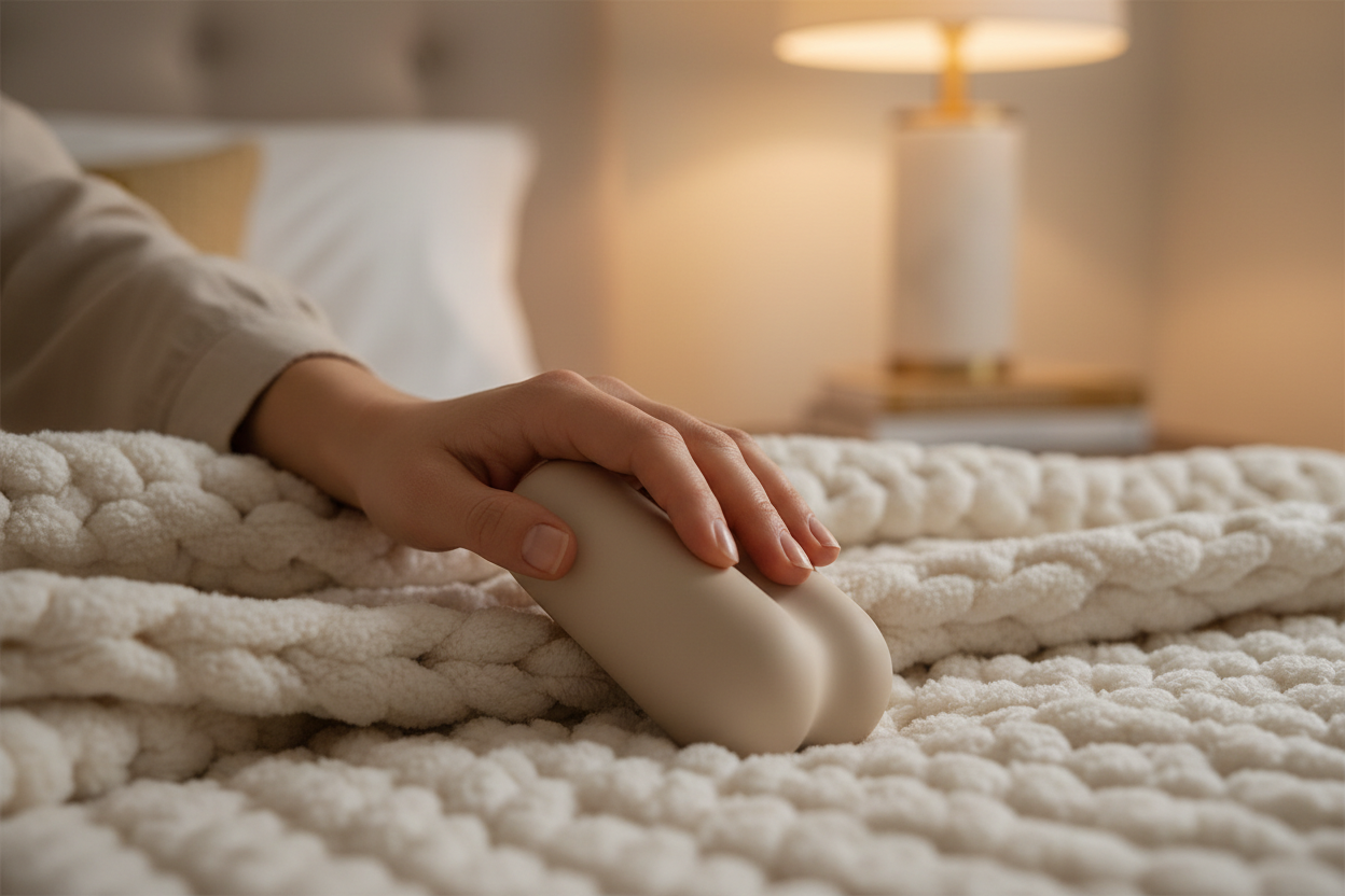 Hand resting on a cream chunky knit blanket in a soft-lit bedroom sanctuary with gold accents.