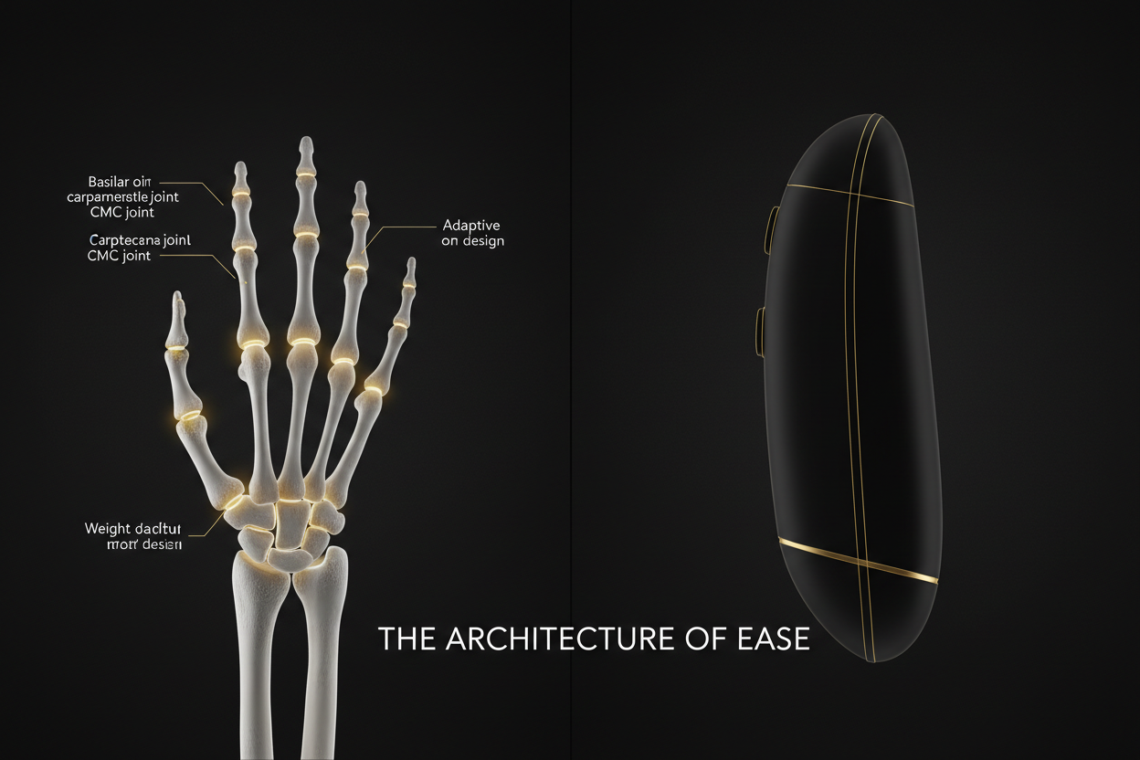 Anatomical diagram of basilar thumb joint next to an ergonomic LUXLANE wellness tool designed for arthritis support.