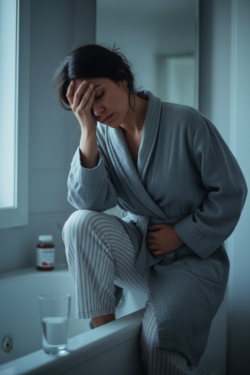 A weary woman in a gray bathrobe pressing a hand to her lower abdomen in pain from a recurrent UTI.