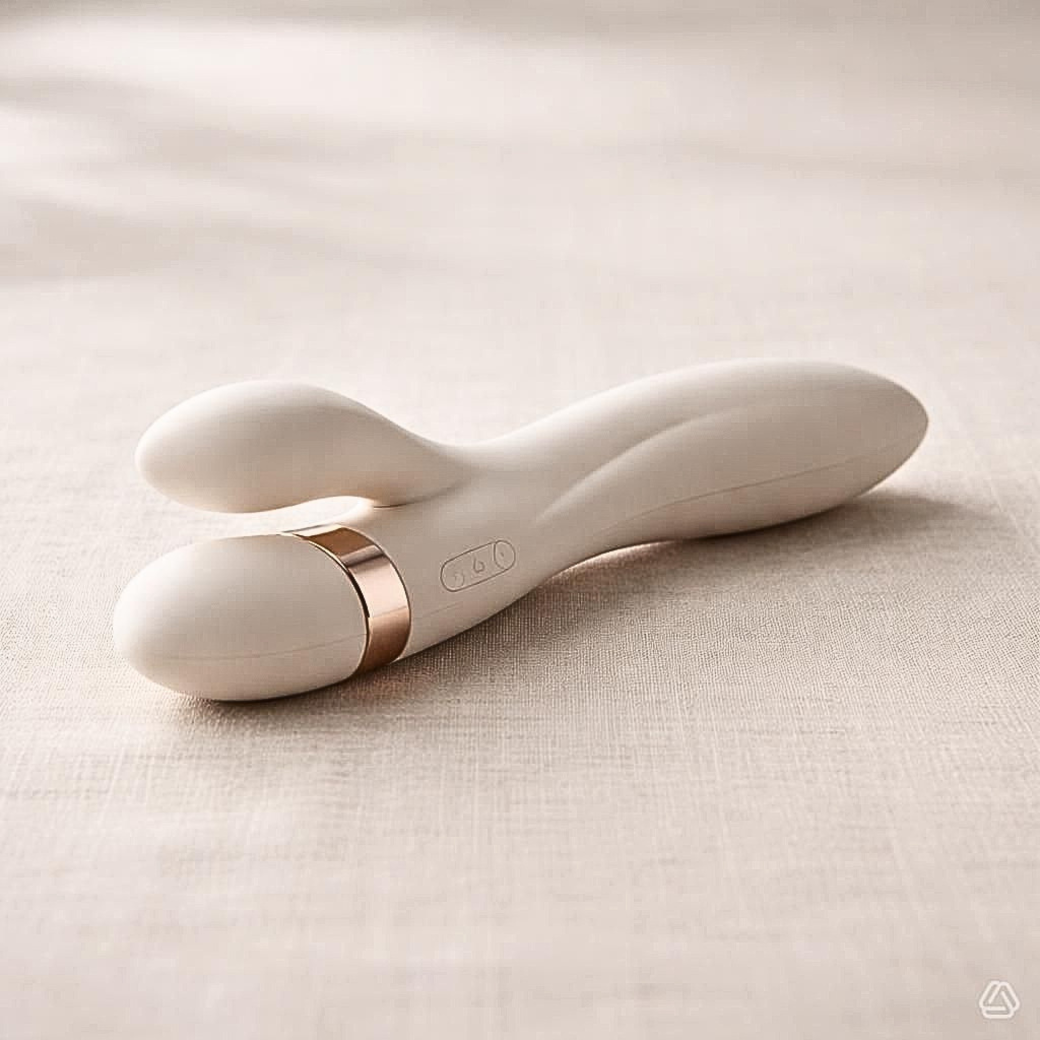 Sleek, ergonomic cream-colored adaptive penetrative device with a gold accent ring resting on beige linen.