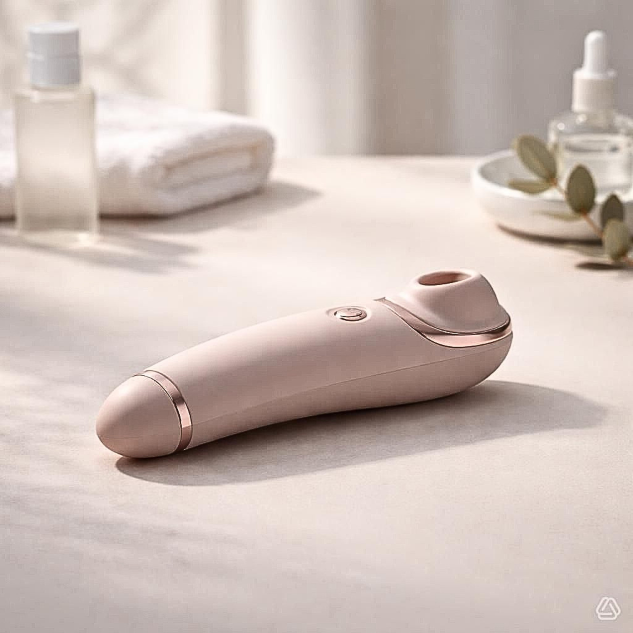 Sleek, cream-colored silicone external wellness tool with an ergonomic base, resting on neutral linen fabric.