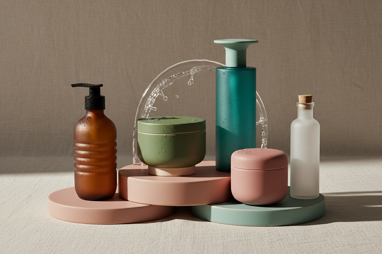 Adaptive Hydration Collection showcasing five easy-grip bottles of personal moisture on colorful pedestals for inclusive wellness.