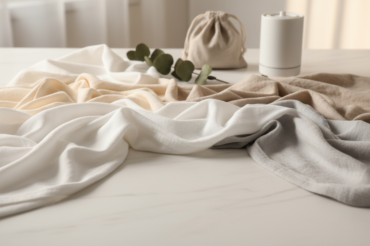 An editorial photograph of soft, draped cotton and linen fabrics on a white marble surface, featuring a discreet drawstring storage bag and fresh eucalyptus. This visual establishes the Adaptive Wellness, Hands-Free, Wearable Collection from LUXLANE.