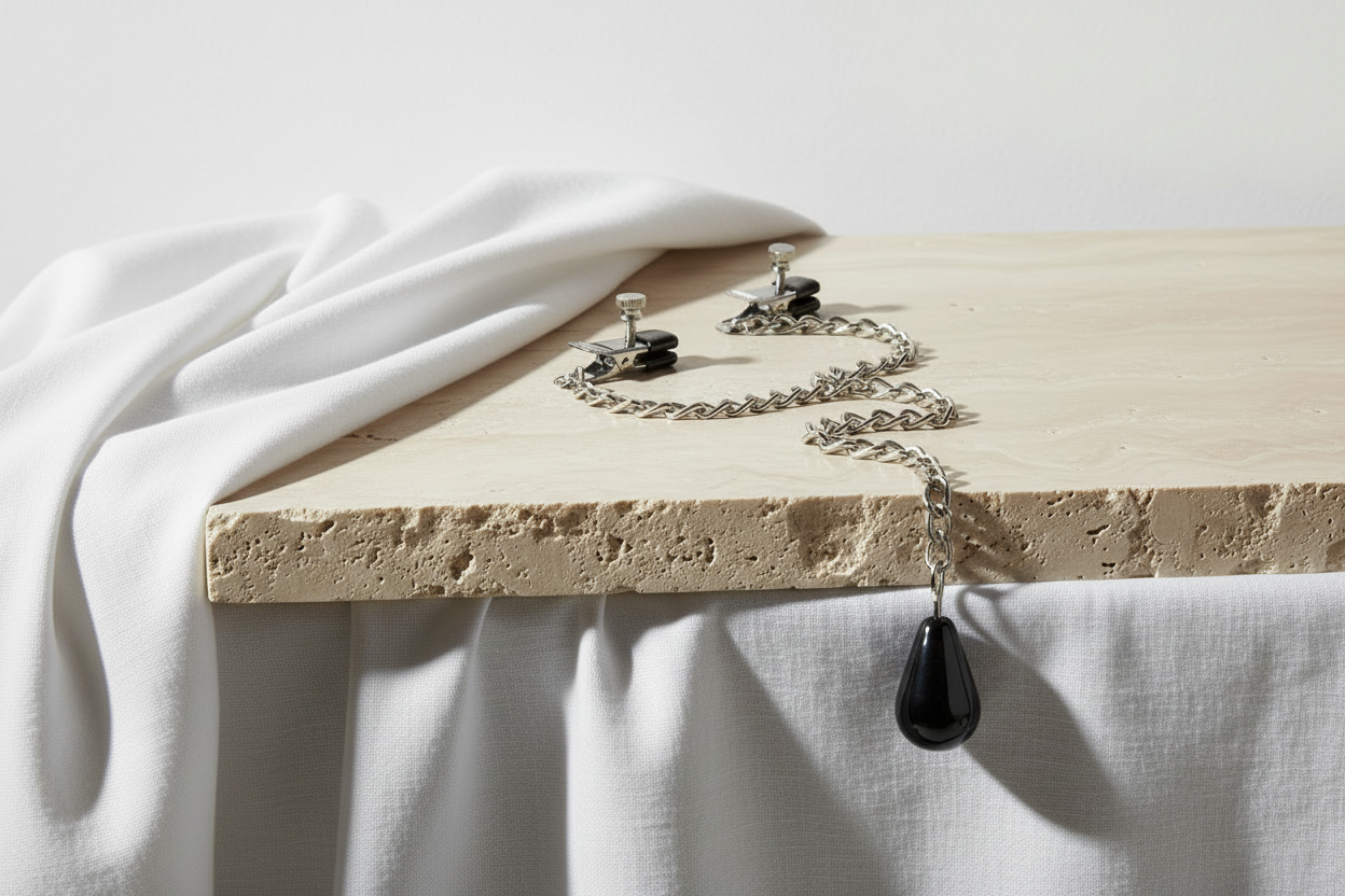 Sensory clamps draped over raw cut stone showcasing nickel-free iron and phthalate free plastic tips, with a white linen splayed over in the background.