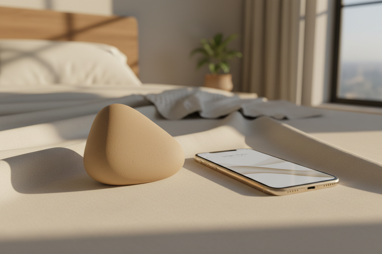 A pebble-shaped app-connected tool on soft linen next to a gold phone.
