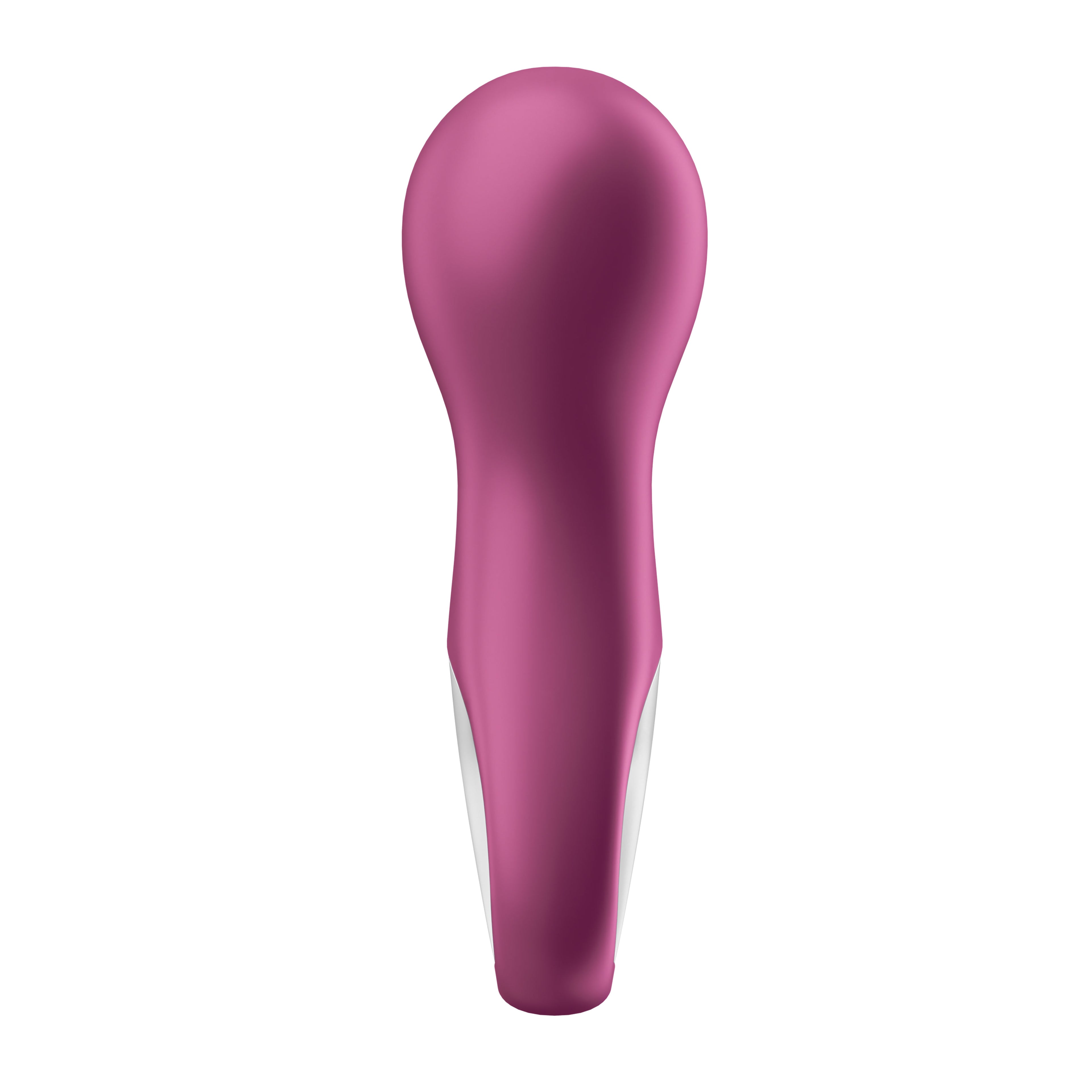 A backside profile shot of the purple medical grade silicone and waterproof  (IPX7) material, highlighting its slim, tapered silhouette designed for Contoured, Stable Grip Comfort and total discreet travel design.