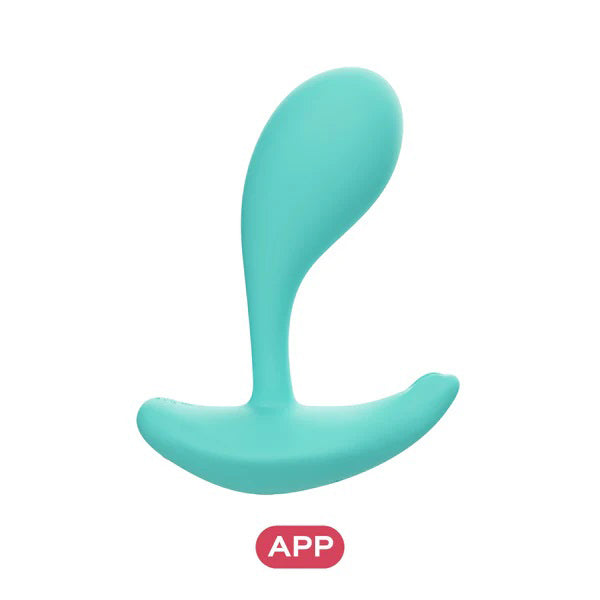 A blue Oly 2 wearable massager with a matte silicone finish, shown from a side profile showing the external percussive relief feature against a white background. Includes a red "APP" badge indicating app-enabled functionality for Inclusive Intimacy Sync.