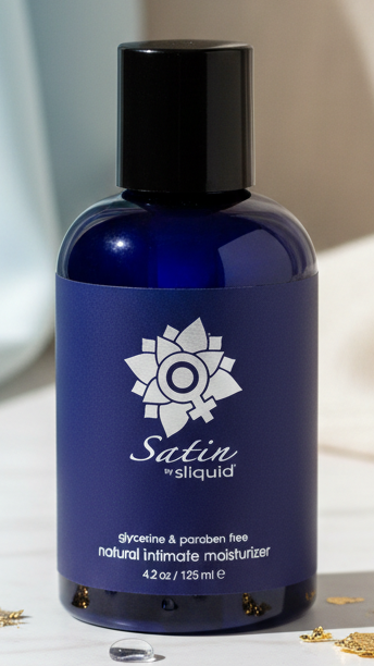 A close-up front view of the Satin 4.2 oz bottle, clearly displaying the text "Satin by sliquid", "glycerine & paraben free", and "natural intimate moisturizer."